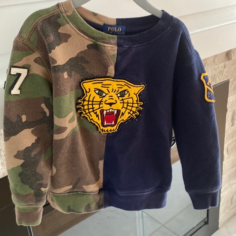 Polo Ralph Lauren boys sweatshirt. Size 4/4T. Half camouflage / camo ,half blue